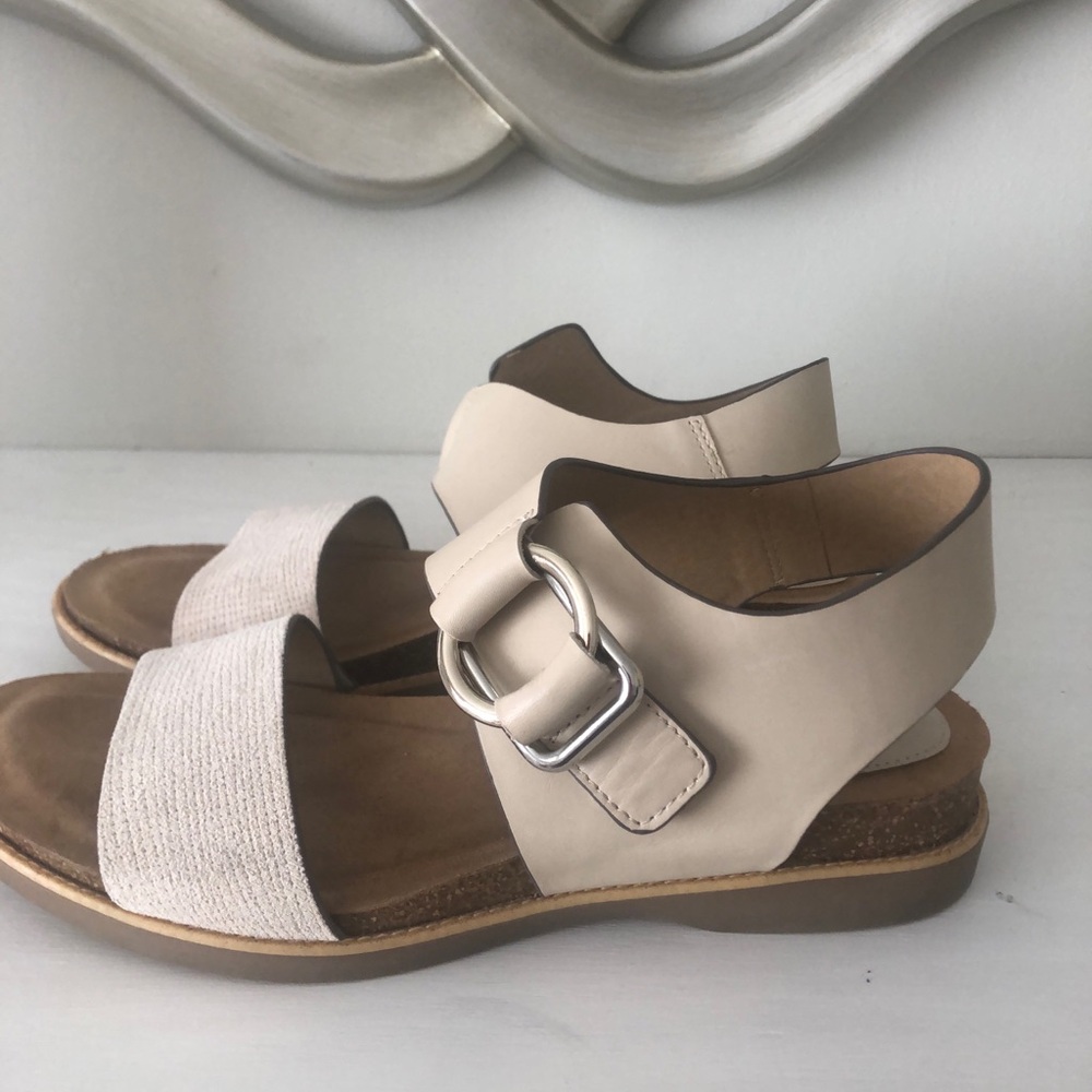 Sofft Beige Woven-Front Sandals with Silver Buckle